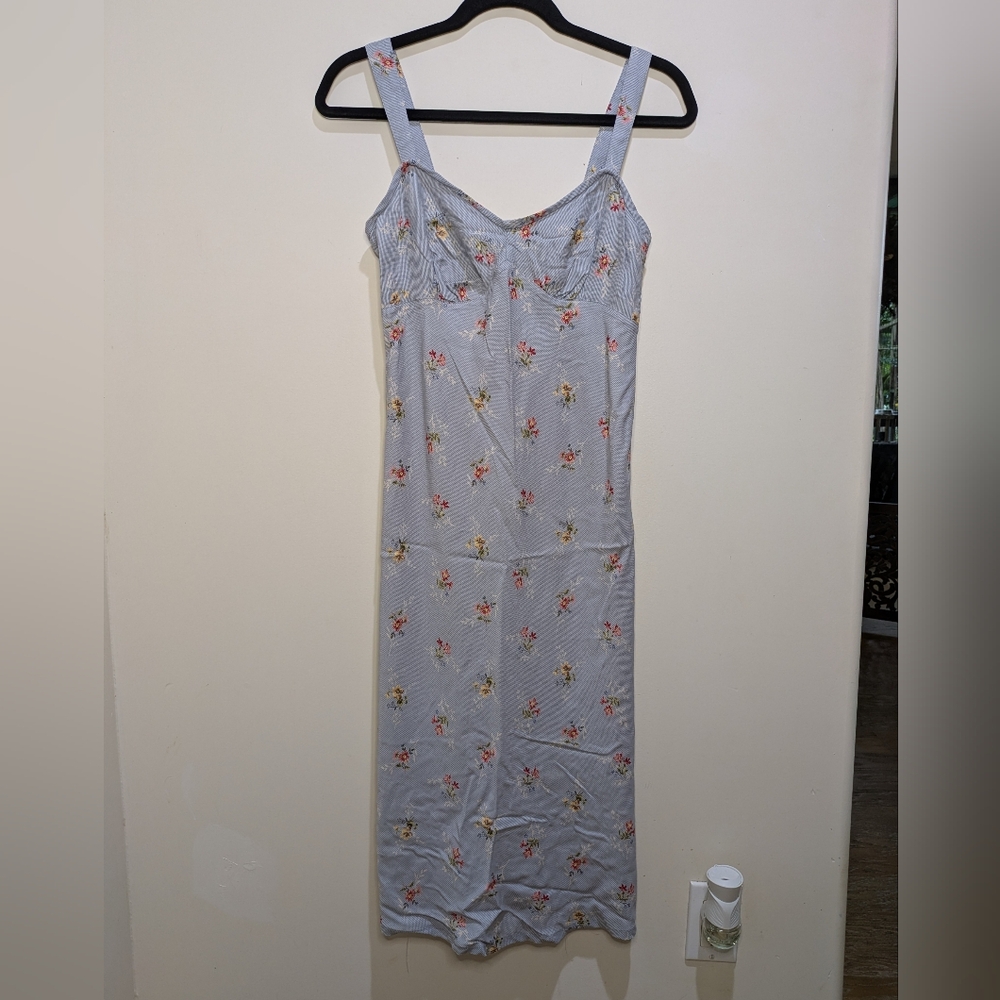 DKNY Jeans Vintage 90s Cottagecore Gingham Slip Floral Midi Dress Blue Size 8